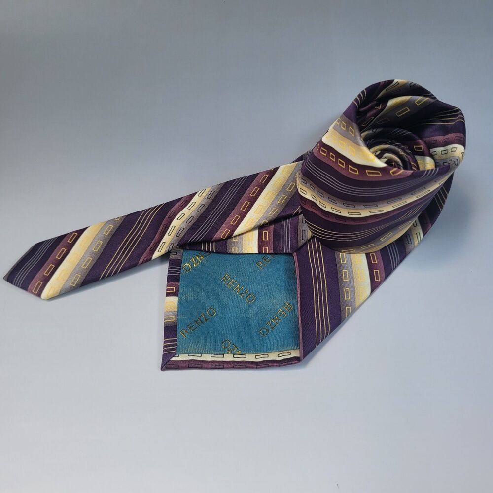 Renzo mens purple beige yellow tie 64in long polyester
